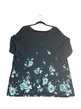 J Jill Wearever Collection Petite L Navy Blue Floral V Neck 3/4 Sleeve Knit To